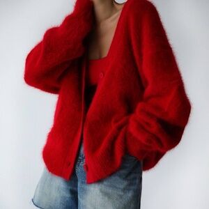 Oversized Red Angora Cardigan Women Sweater
